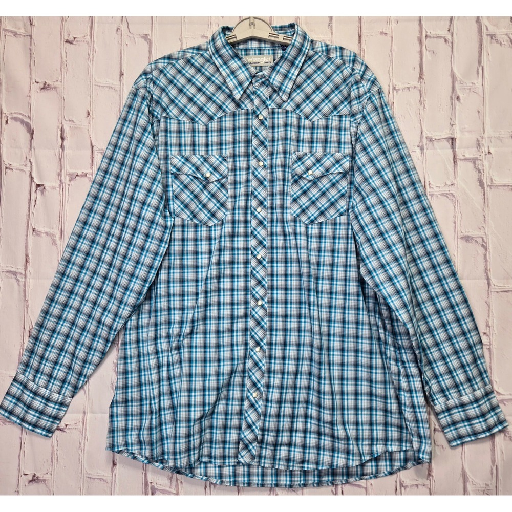 VTG Y2K Wrangler Western Shirt Plaid Pearl Snap Wrancher Button Down Mens 2XT